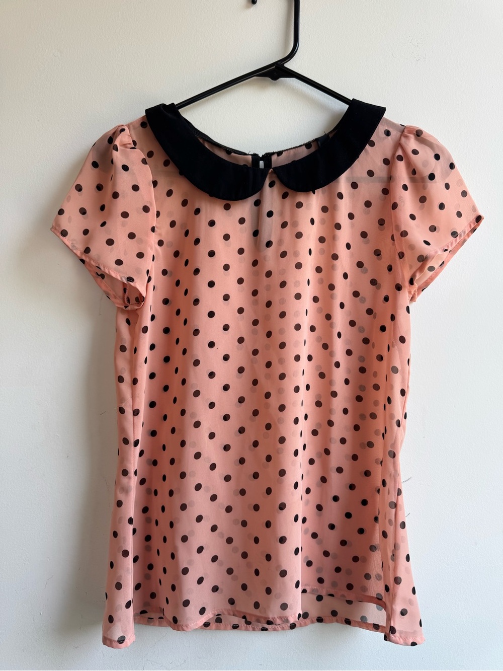Women's Pink Polka Dot Blouse with Black Peter Pan Collar